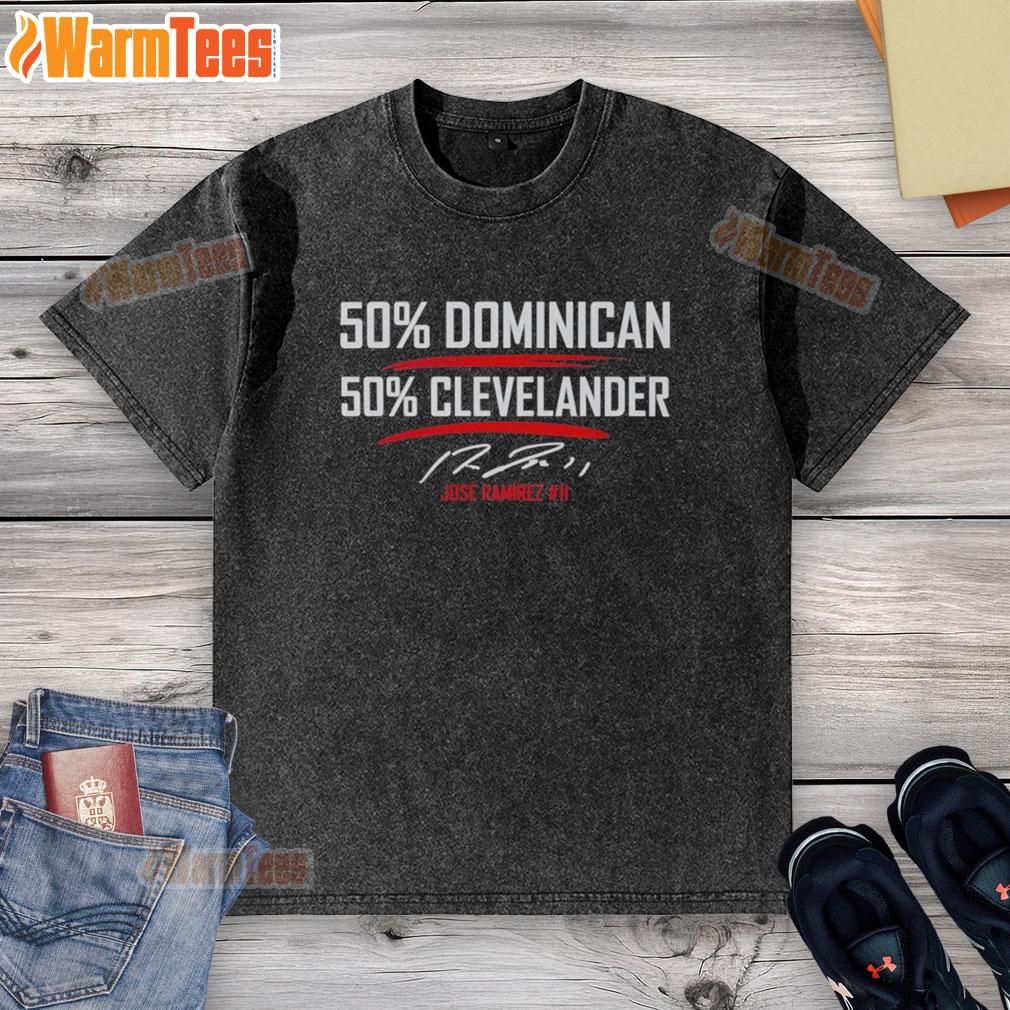 Alt Text: Jose Ramirez signature washed t-shirt, 50% Dominican, 50% Clevelander, showcasing a stylish and unique design.