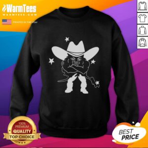 Medium build man wearing a quirky cowboy sweatshirt, showcasing a unique style and personality.
