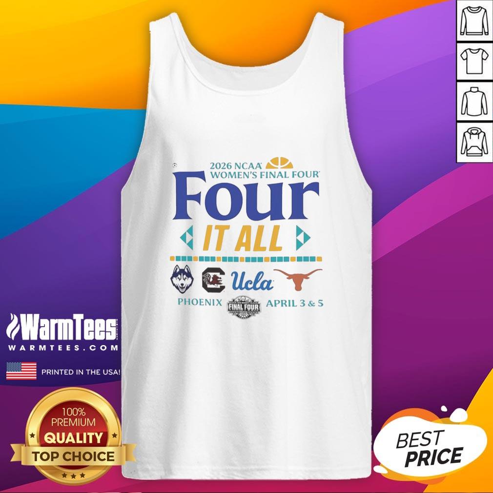 Alt Text: NCAA Women's Final Four 2026 tank top featuring logos of UCLA, Connecticut, South Carolina, and Texas.