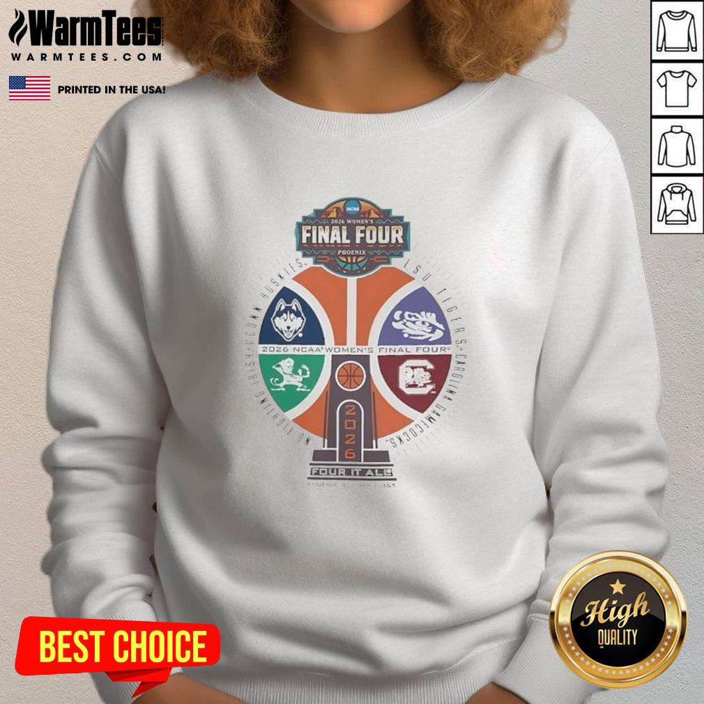 Alt Text: NCAA Women's Final Four 2026 sweatshirt featuring the Phoenix basketball trophy logo for fans and supporters.