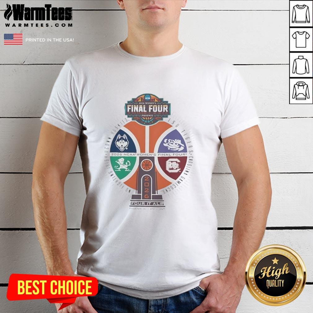 Alt Text: NCAA Women's Final Four Phoenix 2026 logo T-shirt featuring a basketball trophy design and vibrant colors.