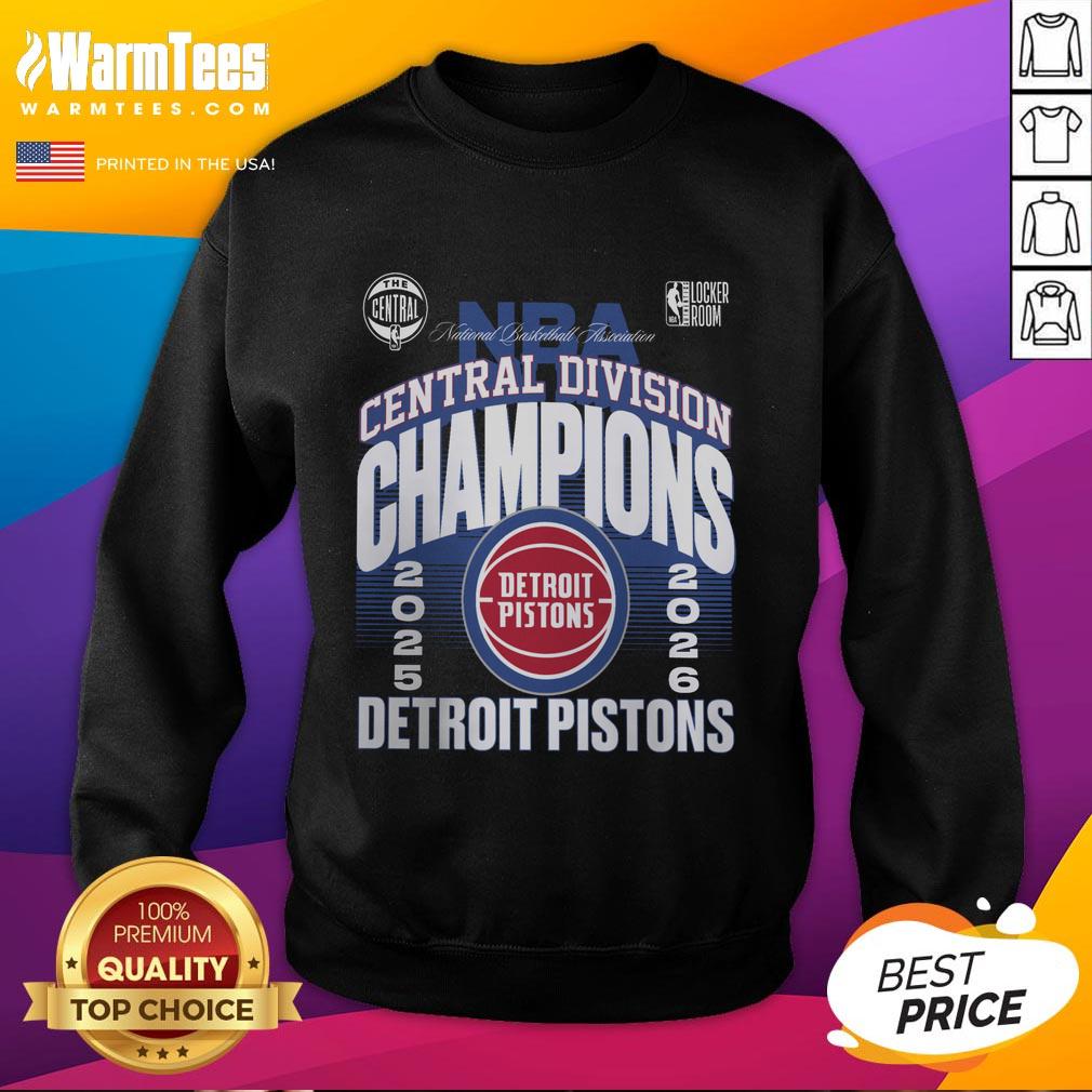 Detroit Pistons 2026 Central Division Champions sweatshirt displayed in locker room, showcasing team pride and style.