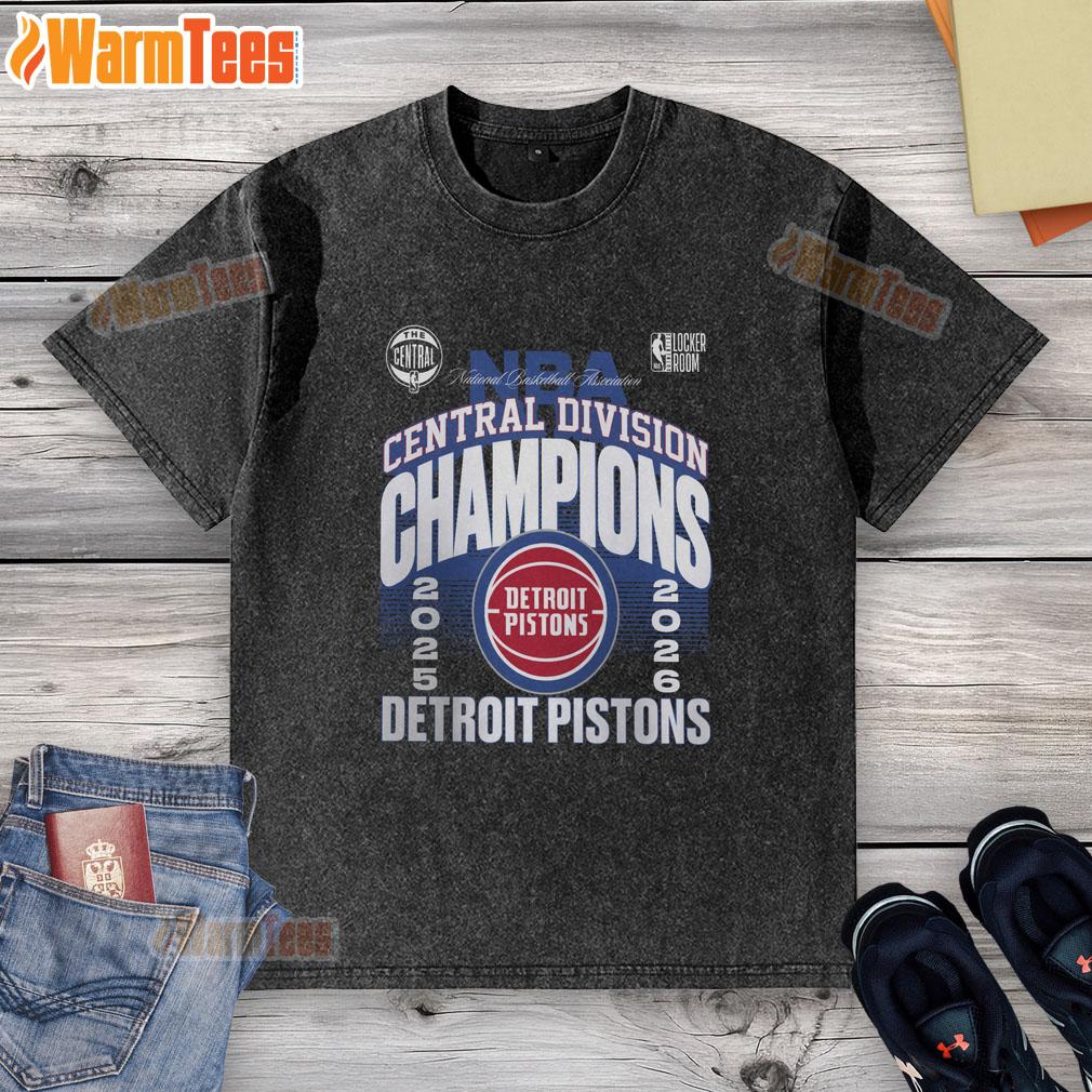 Alt Text: Official Detroit Pistons 2026 Central Division Champions locker room washed t-shirt, celebrating the team's victory.