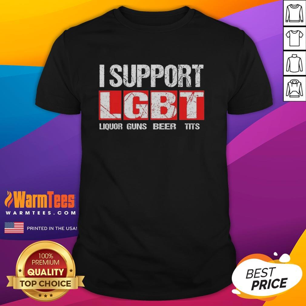 Alt Text: Official I Support LGBT Liberty Guns Beer Tits Letter T-Shirt featuring bold text and vibrant colors for pride.