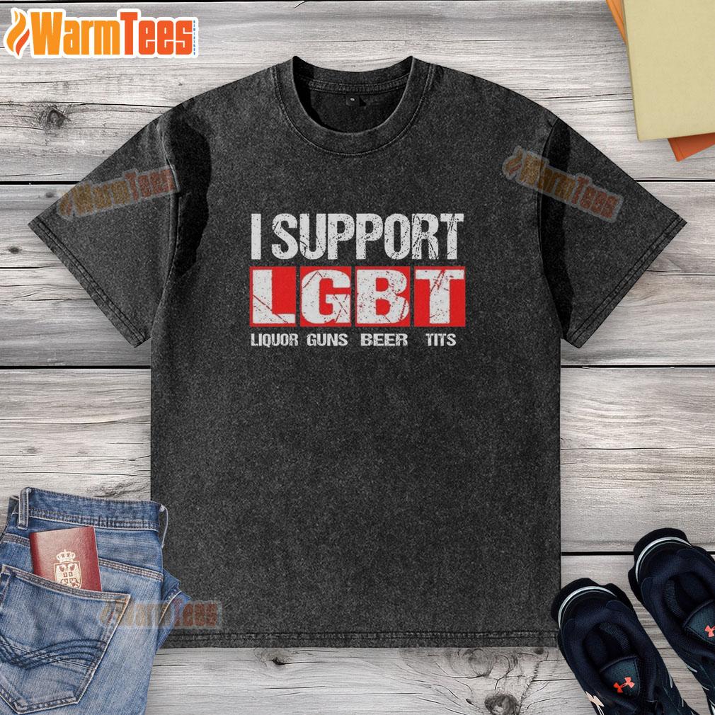 Official I Support LGBT Liberty Guns Beer Tits lettered washed t-shirt in vibrant colors, perfect for casual wear.