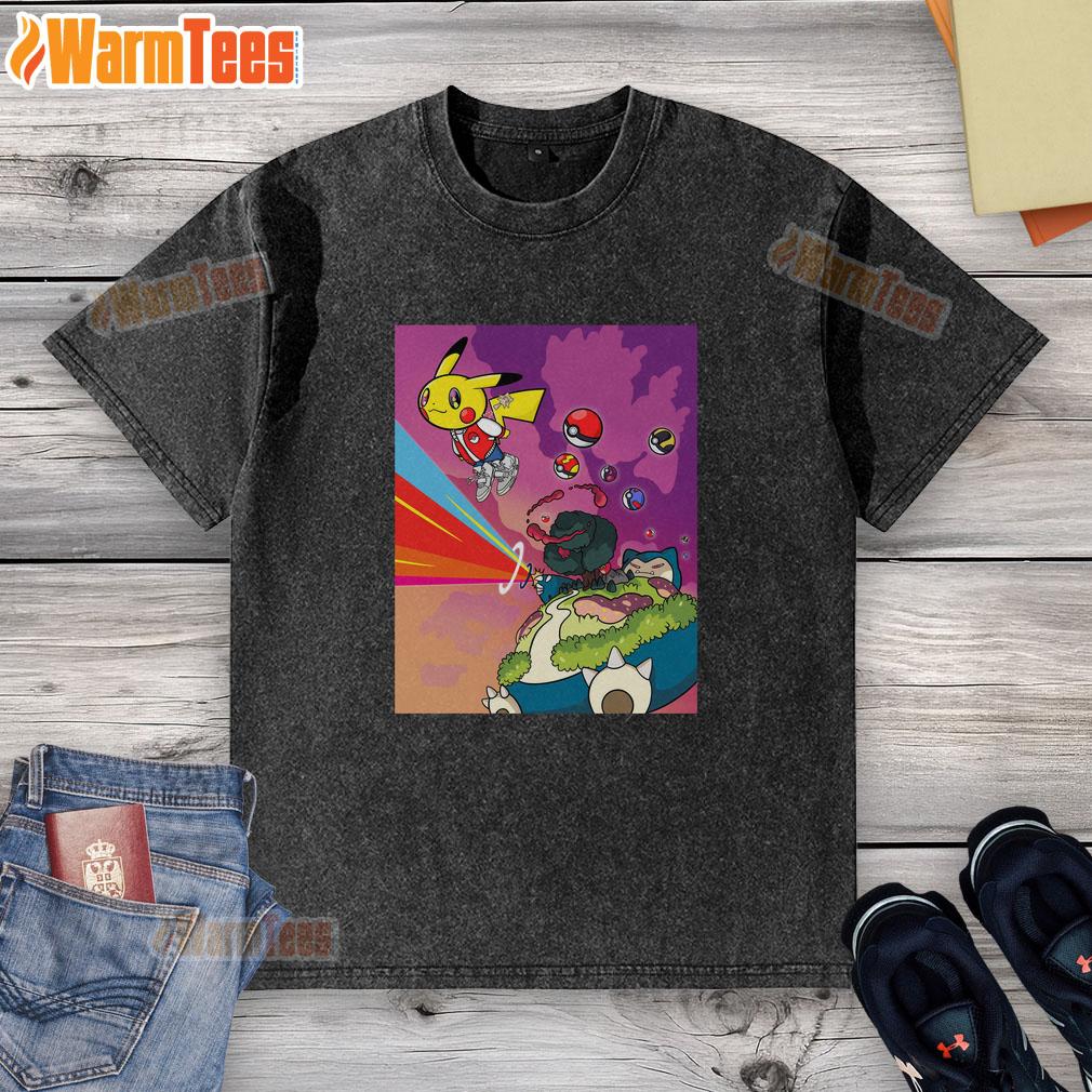 Alt Text: Official Pikachu Kanye Graduation Mashup Parody washed t-shirt featuring vibrant graphics and a playful design.