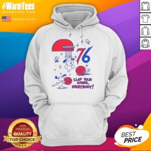 Alt Text: Original Philadelphia 76ers X Snoopy and Woodstock hoodie featuring Clap Your Hands Everybody design.