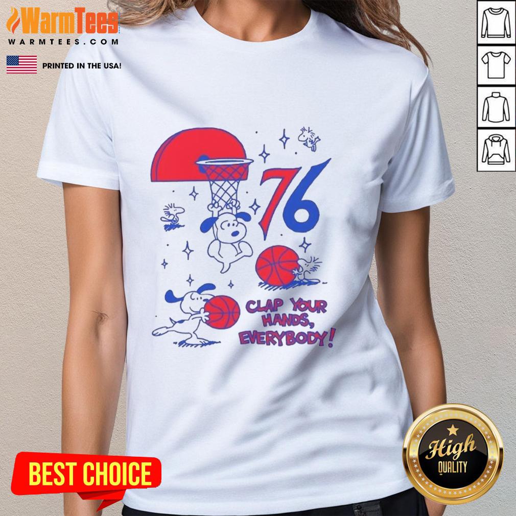 Original Philadelphia 76ers X Snoopy and Woodstock 'Clap Your Hands Everybody' Ladies Tee, vibrant design showcasing team spirit.