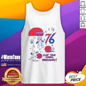 Original Philadelphia 76ers X Snoopy and Woodstock 'Clap Your Hands Everybody' tank top featuring vibrant graphics.