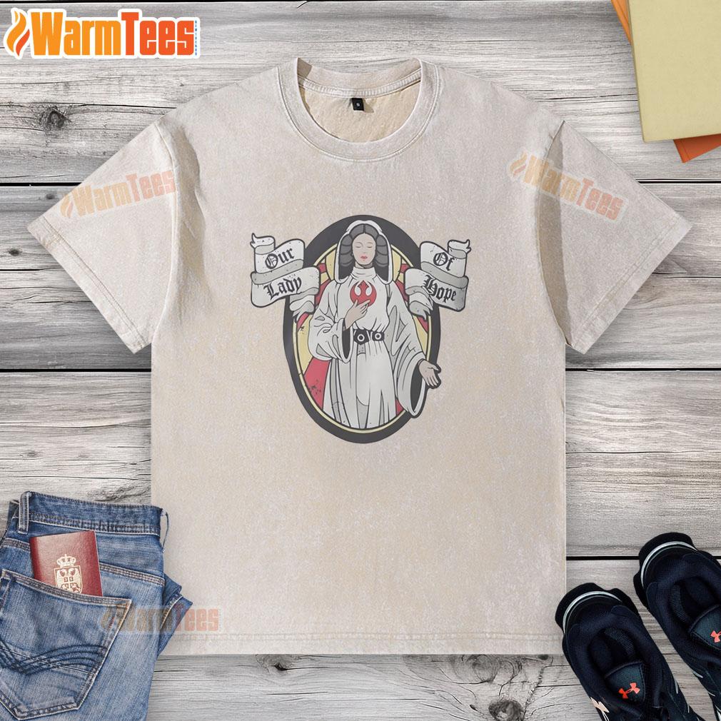 Original Princess Leia from Star Wars on Our Lady of Hope washed t-shirt, featuring a vibrant graphic design.