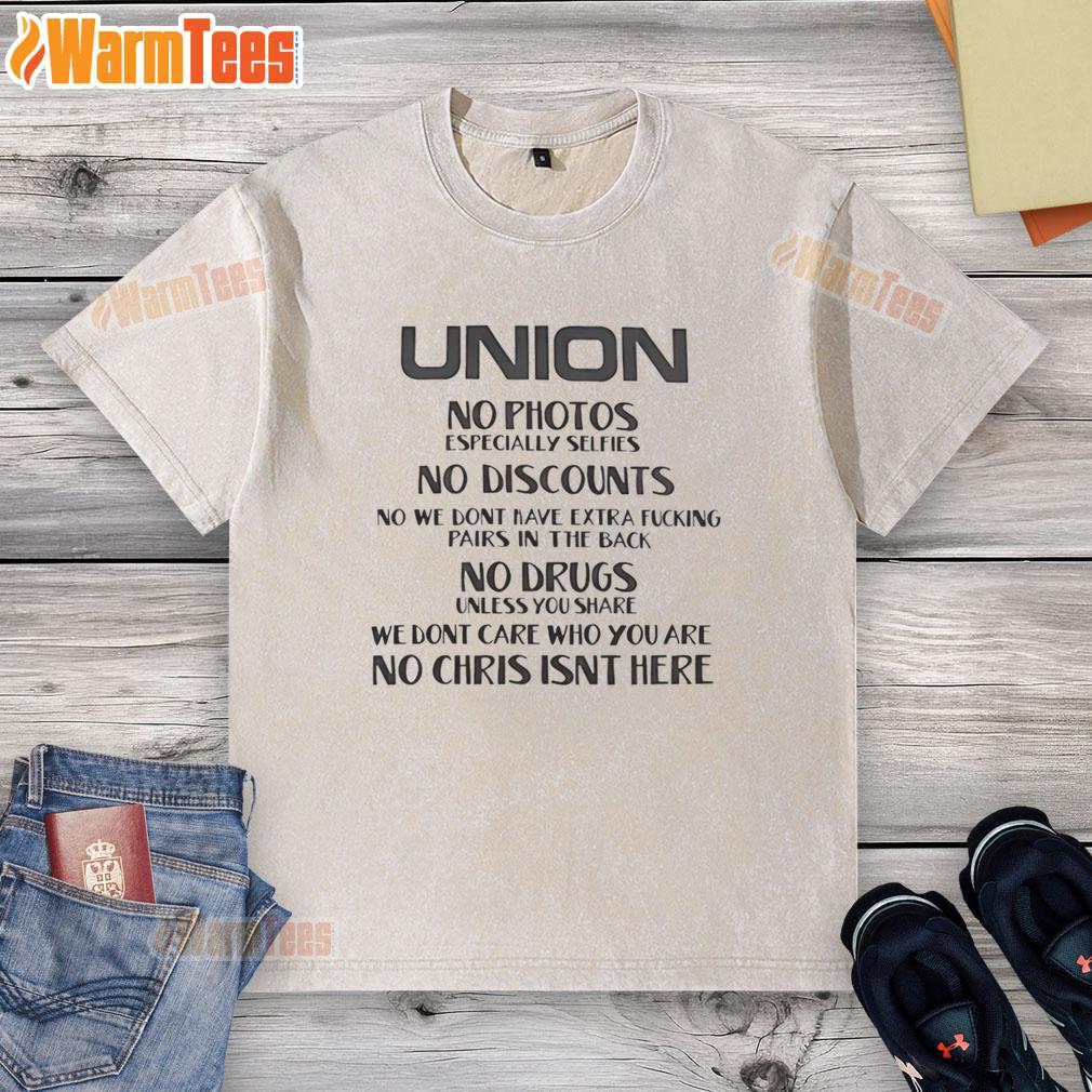 Premium Union washed t-shirt with bold text: 'No selfies, no discounts, no extra pairs' in a stylish design.