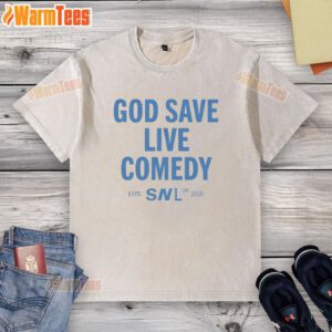 Pretty God Save Live Comedy SNl UK Estd 2026 washed t-shirt displayed on a hanger in a bright setting.