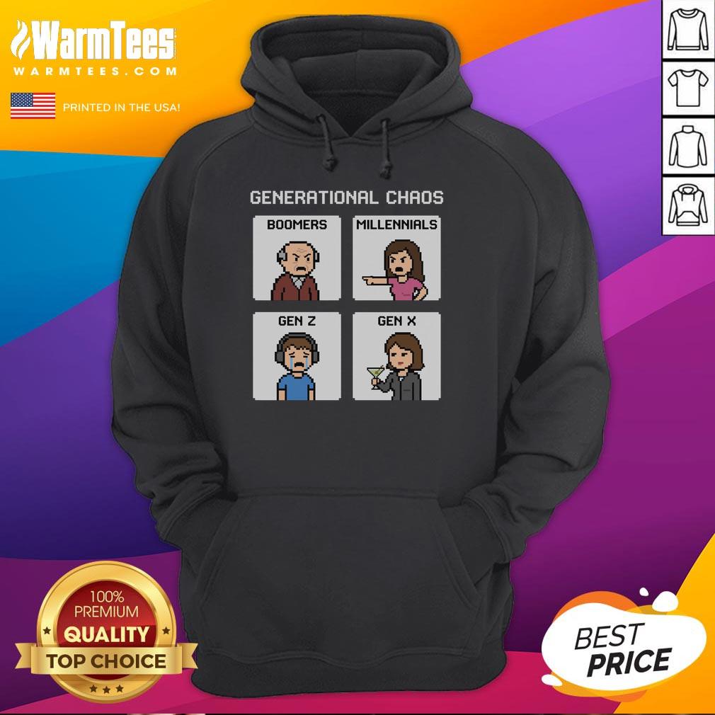 Good Generational Chaos hoodie featuring Boomers, Millennials, Gen Z, and Gen X graphics, perfect for casual wear.