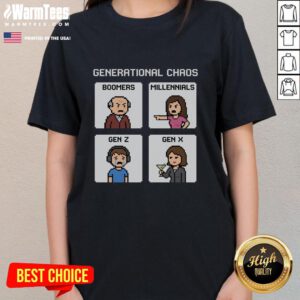 Good Generational Chaos tee featuring Boomers, Millennials, Gen Z, and Gen X, perfect for casual style and generational pride.