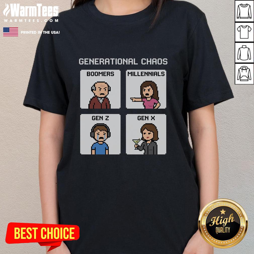 Good Generational Chaos tee featuring Boomers, Millennials, Gen Z, and Gen X, perfect for casual style and generational pride.