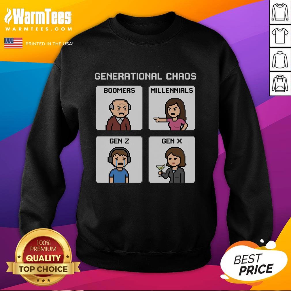 Good Generational Chaos sweatshirt featuring Boomers, Millennials, Gen Z, and Gen X in a colorful, trendy design.