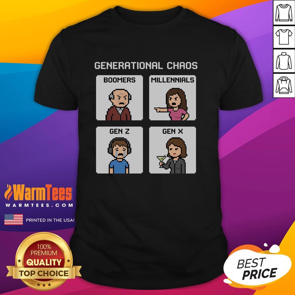 Good Generational Chaos T-Shirt featuring Boomers, Millennials, Gen Z, and Gen X designs for a fun, trendy look.