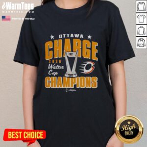 Alt Text: Original Ottawa Charge 2026 PWHL Walter Cup Champions ladies tee shirt showcasing team pride and style.