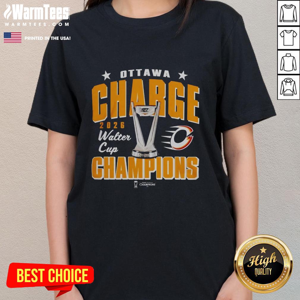 Alt Text: Original Ottawa Charge 2026 PWHL Walter Cup Champions ladies tee shirt showcasing team pride and style.
