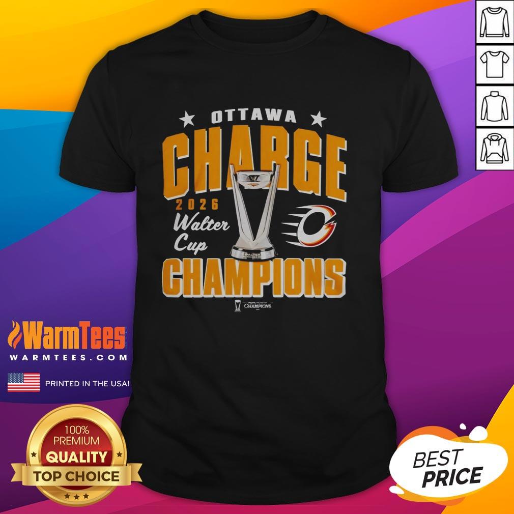 Original Ottawa Charge 2026 PWHL Walter Cup Champions T-Shirt featuring team logo and vibrant colors, perfect for fans.