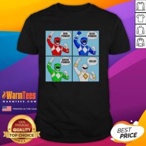 Alt Text: Original Power Hello T-Shirt in red, blue, and green colors, showcasing vibrant designs and stylish casual wear.