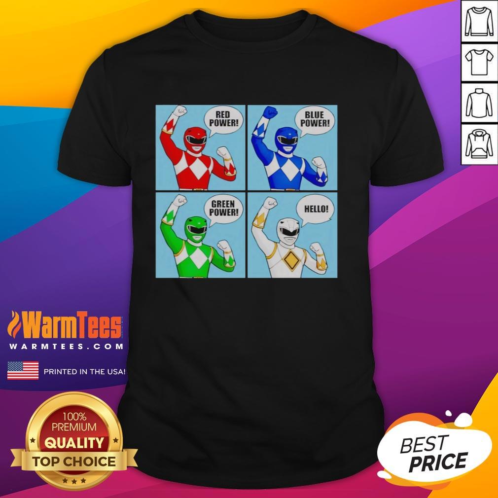 Alt Text: Original Power Hello T-Shirt in red, blue, and green colors, showcasing vibrant designs and stylish casual wear.