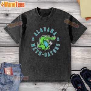 Premium Alabama Meth Gators cartoon design on a washed t-shirt, featuring vibrant colors and playful graphics.