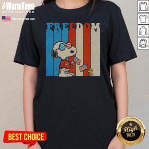 Awesome Snoopy And Woodstock Peanuts Freedom USA 250th Anniversary Ladies Shirt in white, classic fit short sleeve tee