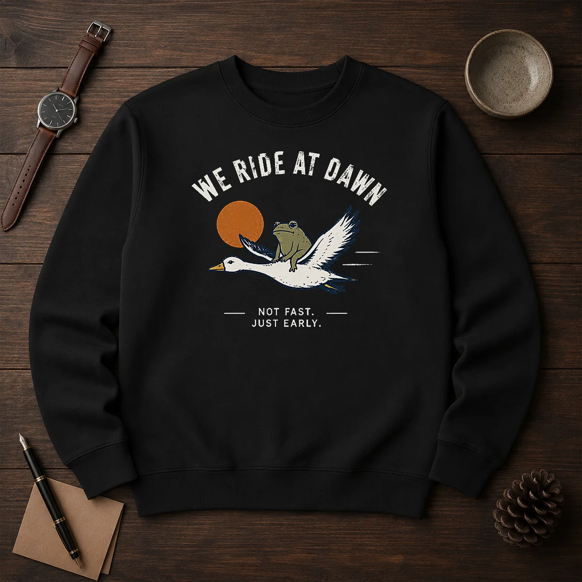 Awesome We Ride At Dawn Not Fast Just Early Duck Frog Sweater