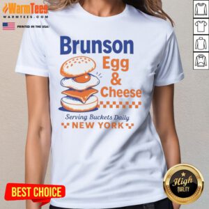 Funny Brunson Egg & Cheese Serving Buckets Daily NEW YORK Jalen Brunson ladies tee in black with bold white and yellow text design