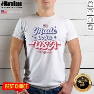 Funny Made In The USA Flo Grown American Flag Patriotic Stars Text Design shirt displayed on a hanger