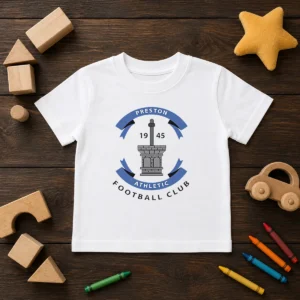 Funny Preston Athletic Football Club 1945 Soccer Kids T Shirt in blue with playful football graphic and comfortable fit