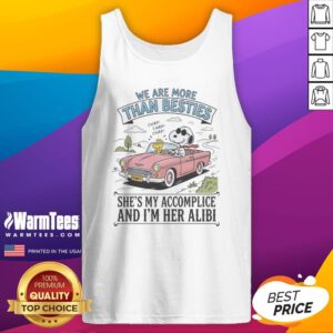 Funny Snoopy And Woodstock We Are More Than Besties I'M Her Alibi She'S My Accomplice tank top in a vibrant print