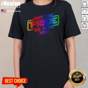 Funny Star Wars May The Pride Be With You LGBTQ Pride Rainbow Graphic ladies tee featuring a vibrant rainbow design.