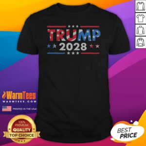 Funny Trump 2028 Bold Patriotic Flag Stars Stripes Political Fan Art shirt on white background, short-sleeve cotton tee