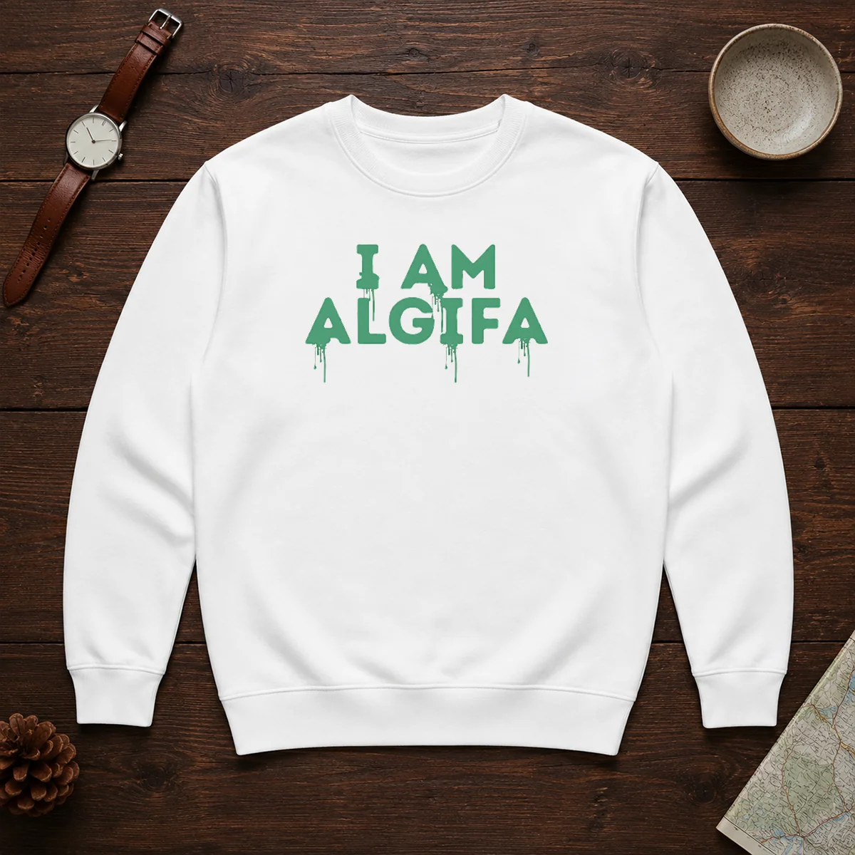 Good I Am Algae DC Reflecting Pool Anti Trump Activist Sweater in dark green, crewneck style with bold graphic print