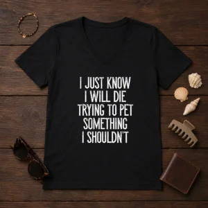 Good I Just Know I Will Die Trying To Pet Something I Shouldn'T V Neck Shirt in charcoal grey, front view with short sleeves