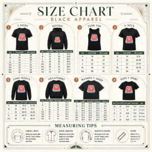 Good Mass Fusion size chart showing garment measurements in inches and centimeters for accurate sizing