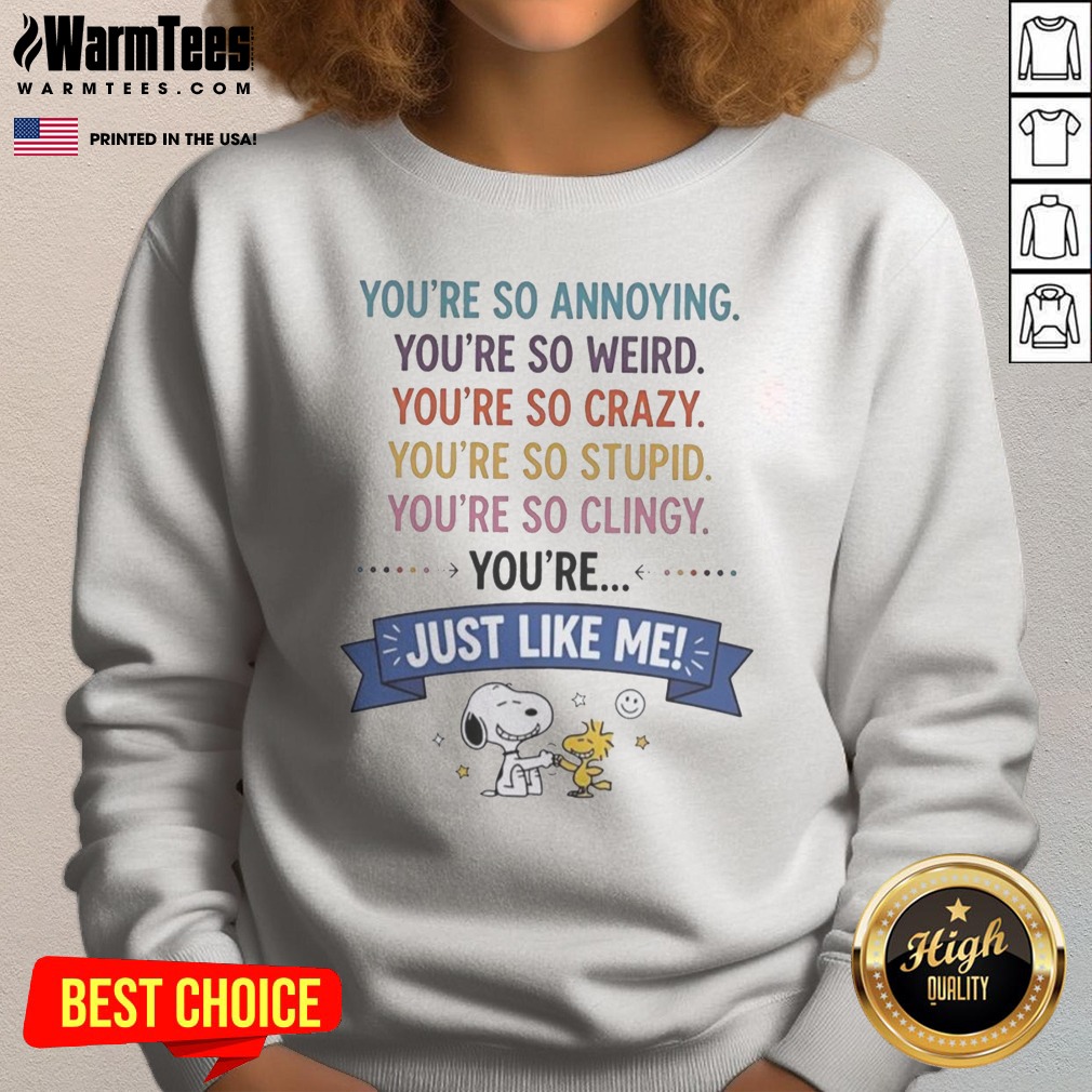 Good Snoopy And Woodstock You'Re So Annoying You'Re So Weird You'Re So Crazy You'Re So Stupid shirt on Sweatshirt Good Snoopy And Woodstock You'Re So Annoying You'Re So Weird You'Re So Crazy You'Re So Stupid shirt shown as a sweatshirt preview
