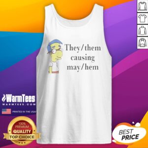 Good Veda Scott They Them Causing Mayhem tank top featuring a vibrant graphic design.
