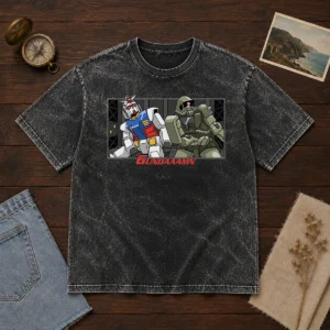 Hot Gundaaamn Gundam Damn Meme washed t shirt in light vintage style showing front print and fabric texture