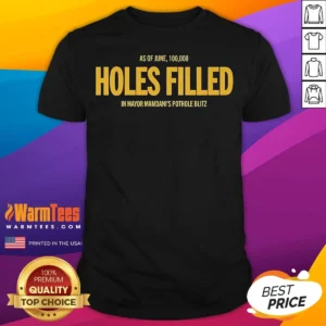 Nice Mayor Mamdani Pothole Blitz As Of June 100000 Holes Filled shirt in classic crew neck style with bold graphic text