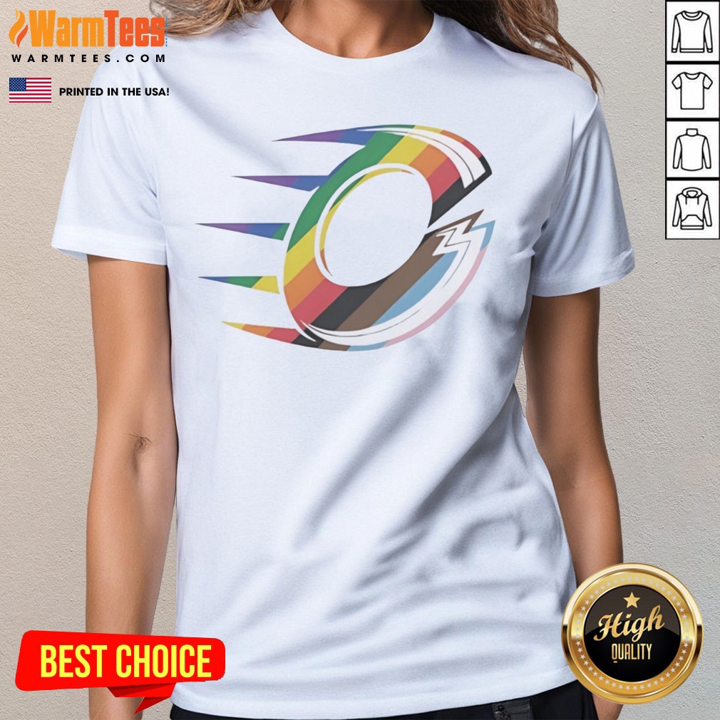 Official Ottawa Charge Rainbow LGBTQ Pride Logo PWHL Graphic Shirt on Ladies Shirt Official Ottawa Charge Rainbow LGBTQ Pride Logo PWHL Graphic Shirt shown as a ladies shirt preview