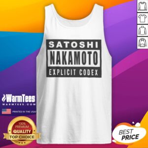 Official Satoshi Nakamoto Explicit Codex Bitcoin Cryptocurrency White tank top displayed on a neutral background