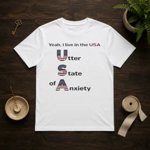 Official Yeah I Live In The USA Utter State Of Anxiety t shirt in classic unisex crew neck style, displayed on a white background