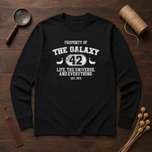 Original Property Of The Galaxy 42 Life The Universe And Everything Est 1979 long sleeve shirt in black with white text design