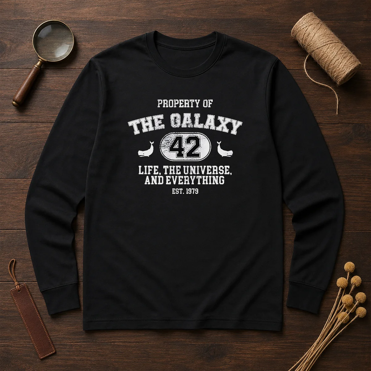 Original Property Of The Galaxy 42 Life The Universe And Everything Est 1979 long sleeve shirt in black with white text design