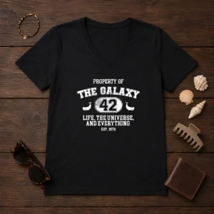 Original Property Of The Galaxy 42 Life The Universe And Everything Est 1979 V Neck Shirt in dark color with white text design