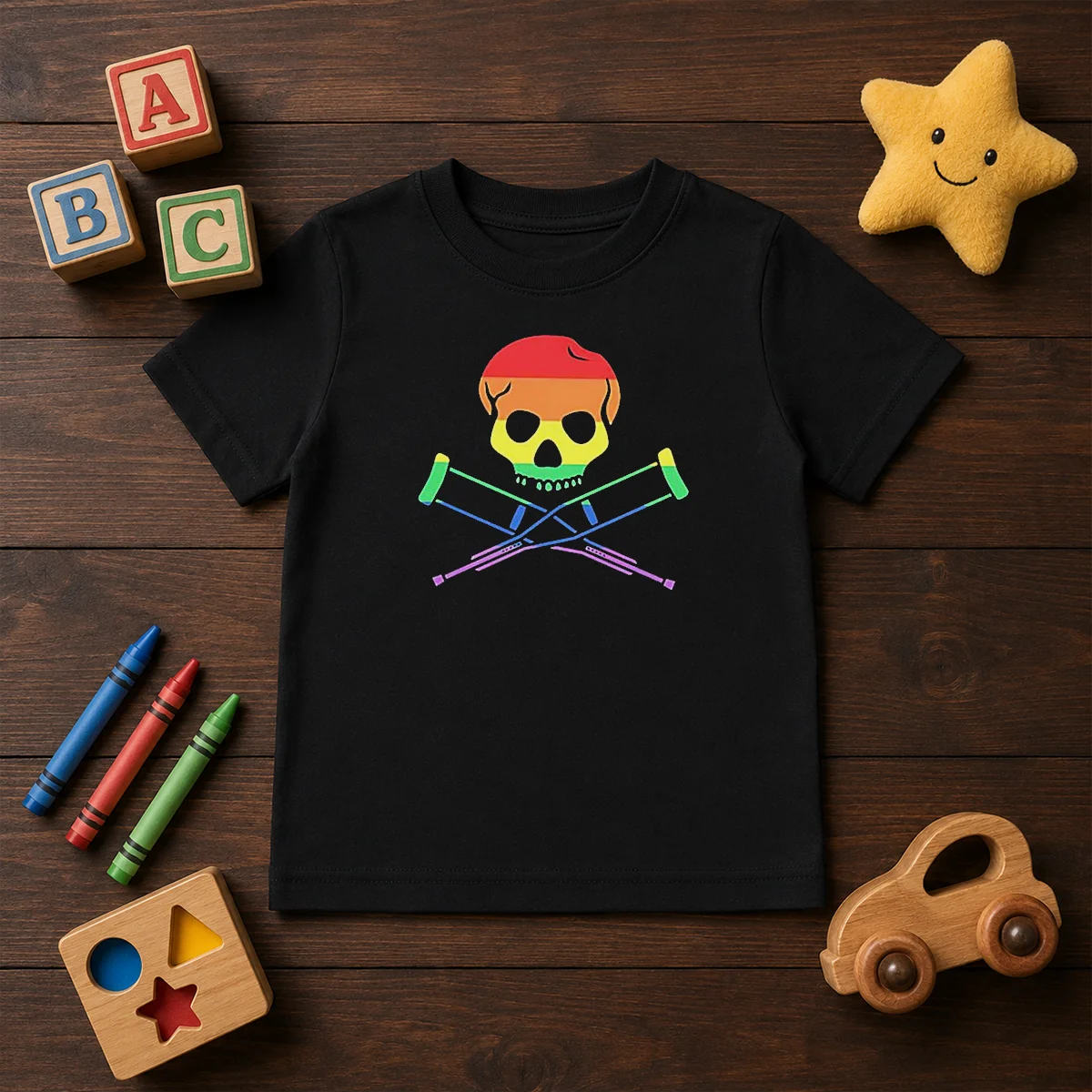 Original Rainbow Skull And Crutches Pride Symbol Disability Awareness Kids T-Shirt