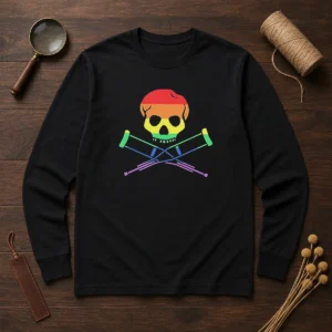Original Rainbow Skull And Crutches Pride Symbol Disability Awareness Long Sleeve Shirt with vibrant colors on a comfortable cotton fabric